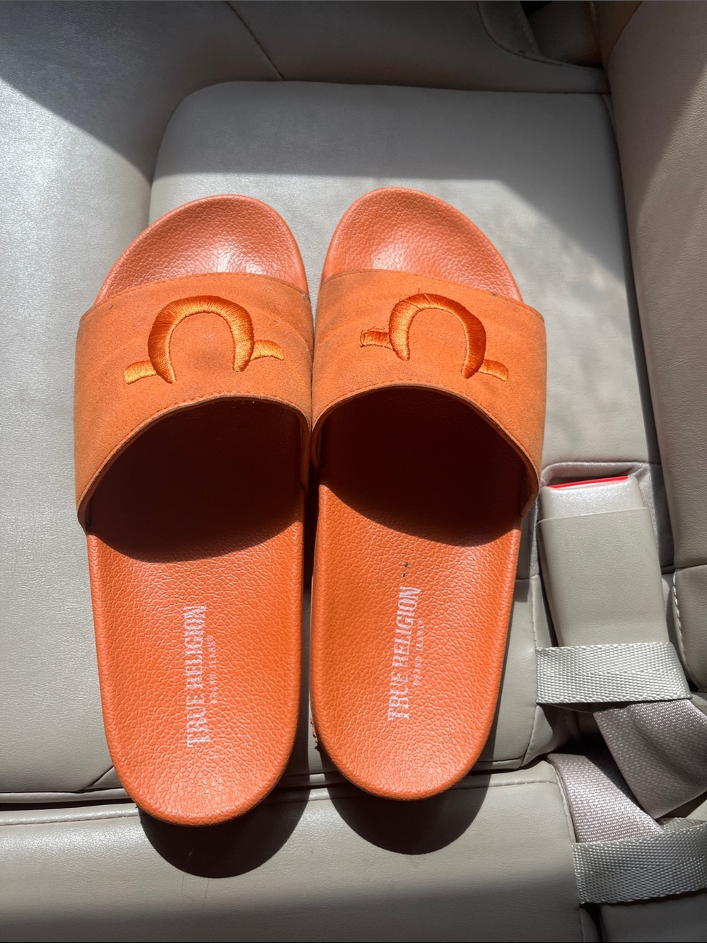 True Religion Orange Suede-Look Slide Sandals with Embroidered Logo